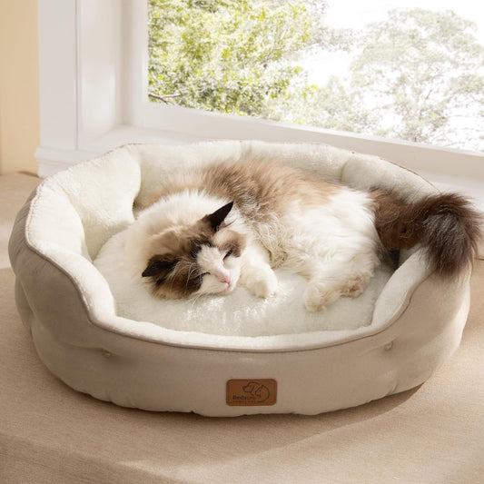 Dog Beds for Small Dogs - round Cat Beds for Indoor Cats, Washable Pet Bed for Puppy and Kitten with Slip-Resistant Bottom, 20 Inches, Camel