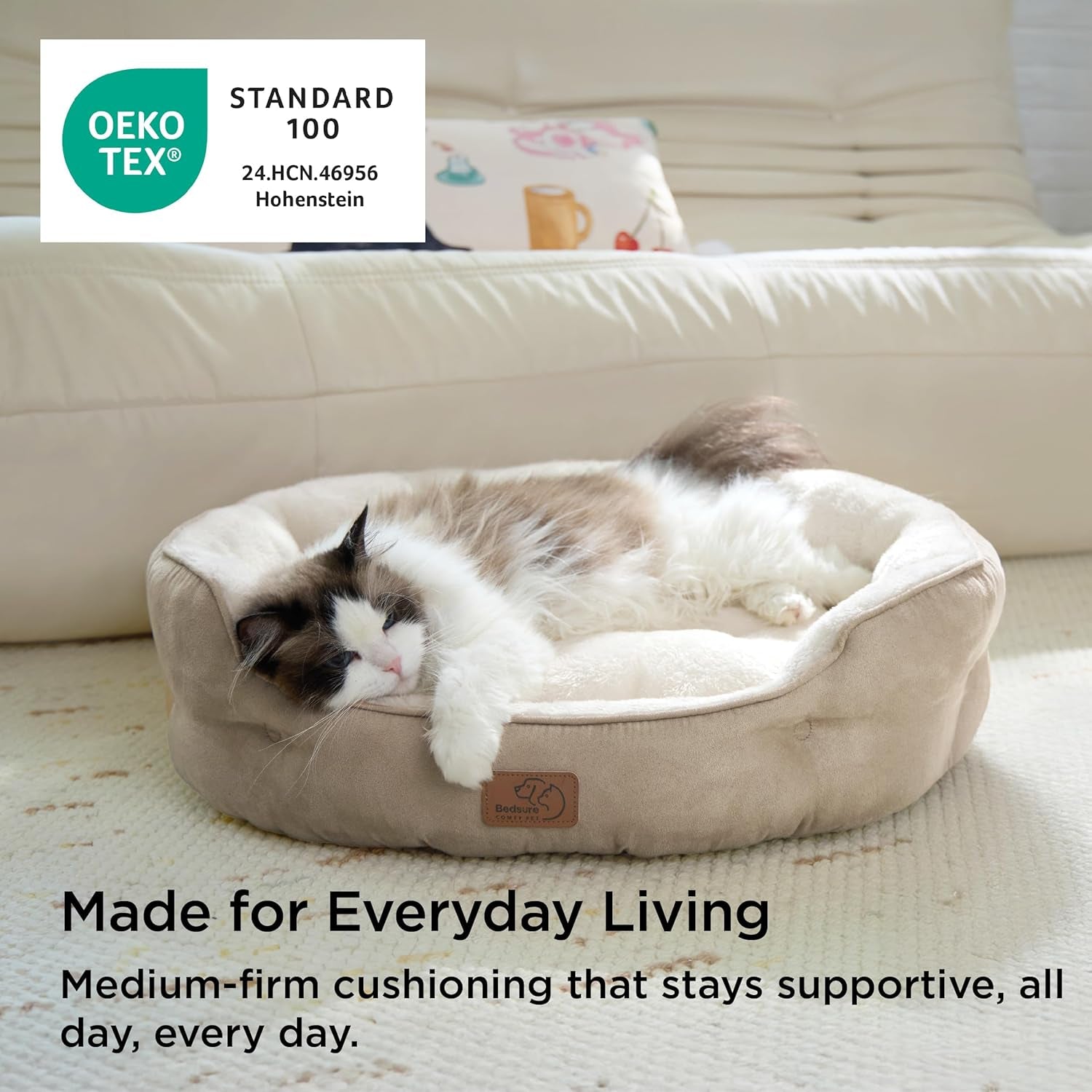 Dog Beds for Small Dogs - round Cat Beds for Indoor Cats, Washable Pet Bed for Puppy and Kitten with Slip-Resistant Bottom, 20 Inches, Camel